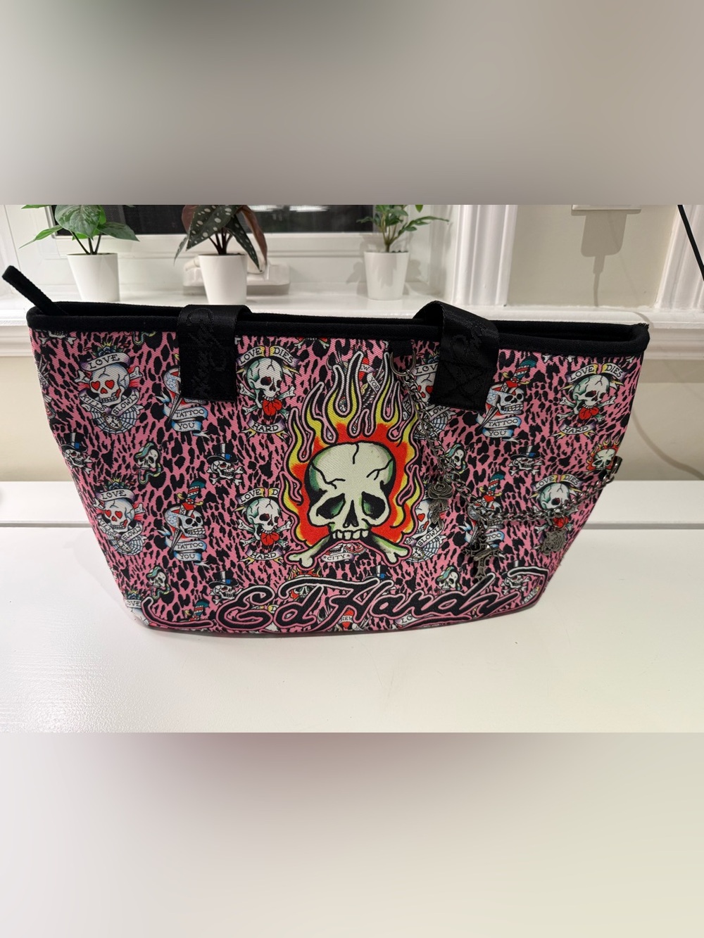 Ed Hardy Pink Leopard Skull Flame Tote with Black Straps